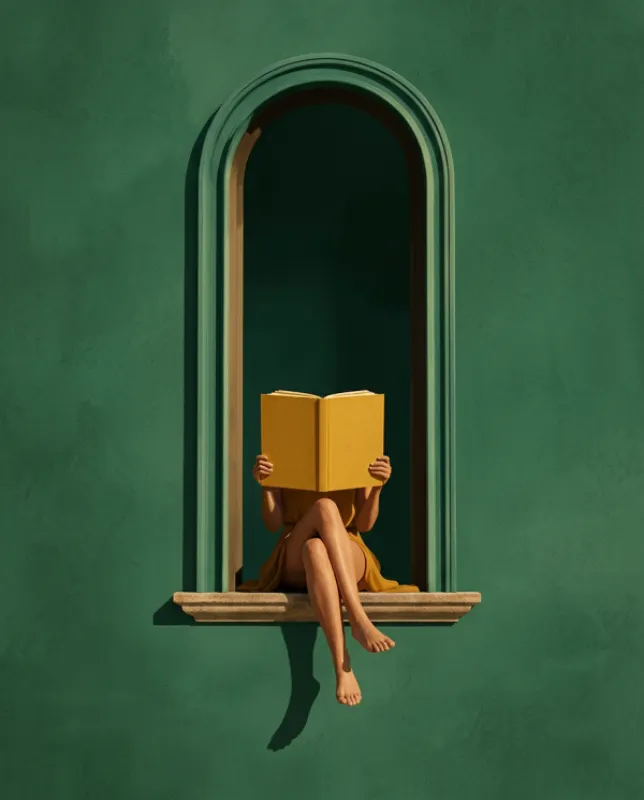 Faceless woman sitting barefoot in an arched stone alcove reading a mustard-yellow book that covers her face, wearing a golden dress against a rich emerald green textured wall