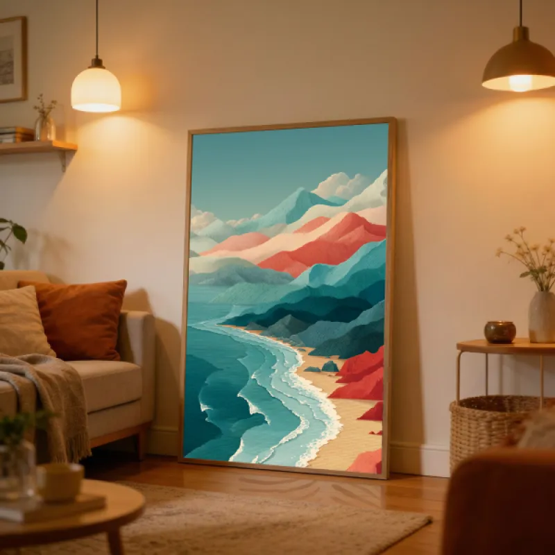 Graphic bird's-eye illustration of a winding sandy coastline flanked by layered mountains in coral red, teal, salmon pink, and sky blue with fine textural lines