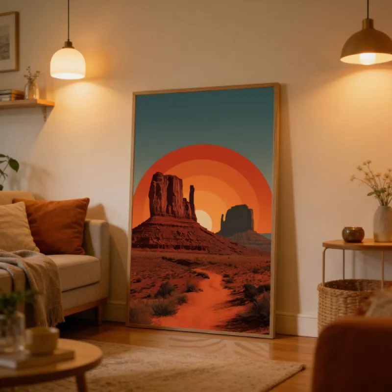 Art Deco Woestijn Tafelsberg Wandkunst Print — Monument Valley Zonsondergang Avontuur Poster