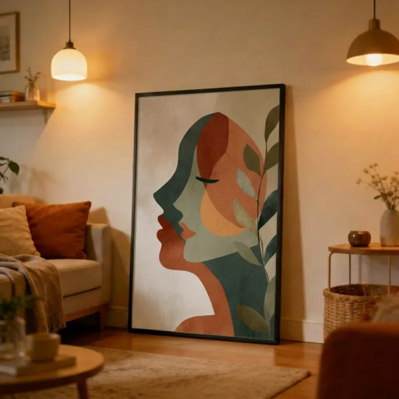 Abstract illustration of a feminine profile composed of overlapping geometric shapes in terracotta, sage green, and muted gold tones with botanical leaf branches on a textured beige background
