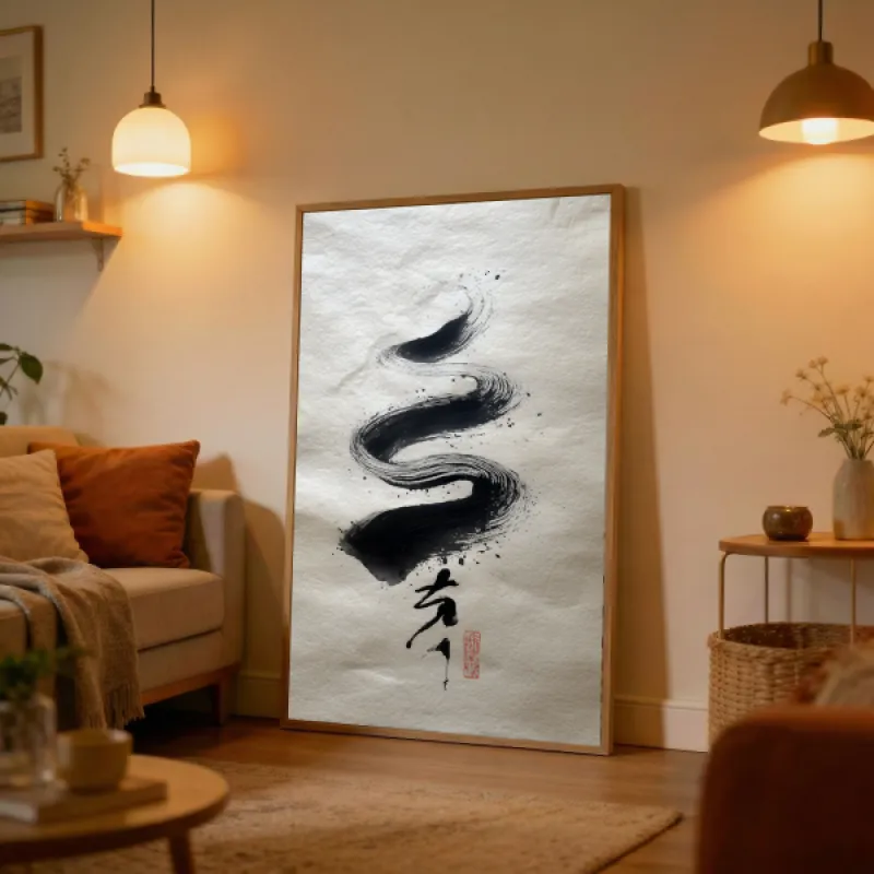 Japanese Ink Brush Ocean Waves Wall Art Print — Calligraphy Style Poster