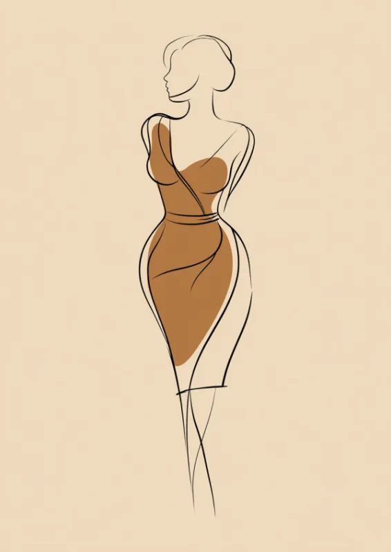 Minimalist continuous line drawing of a curvy feminine figure in a dress with warm caramel colour fill on a soft beige background