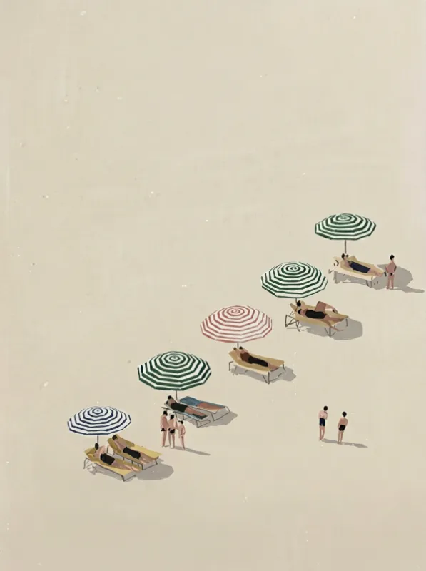 luchtfotoillustratie van strandzonnebaders op ligbedden met gestreepte parasols