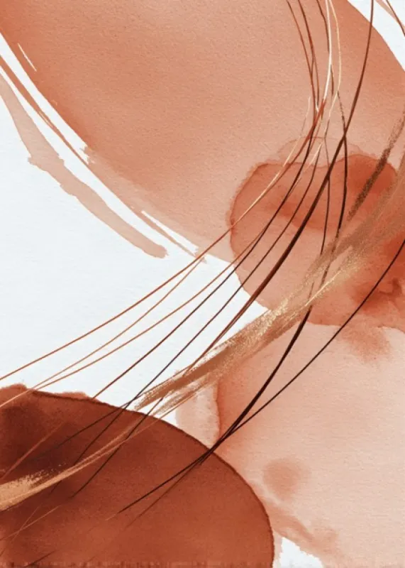 terracotta watercolor abstract with sweeping brushstrokes and fine ink lines on white