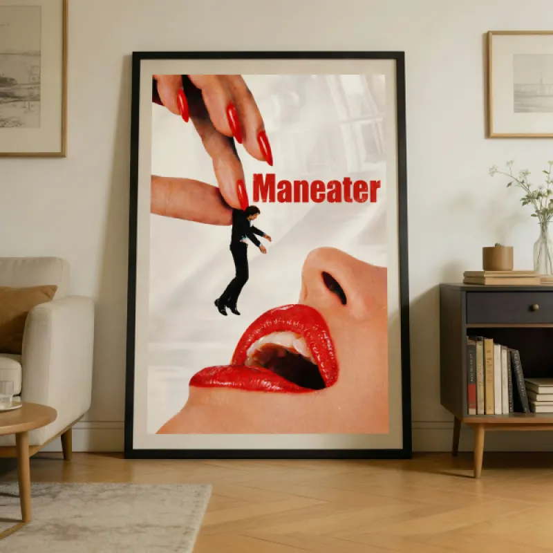 Maneater Vintage Pop Art Collage Print — Gedurfde Feministische Wandkunst