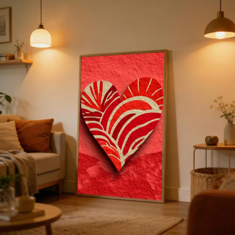 gedurfd rood decoratief hart met creme golfpatronen op getextureerde rode achtergrond