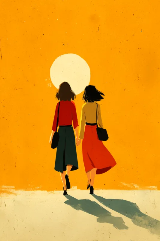 flat illustratie van twee stijlvolle vrouwen hand in hand lopend tegen goudgele achtergrond met witte zon