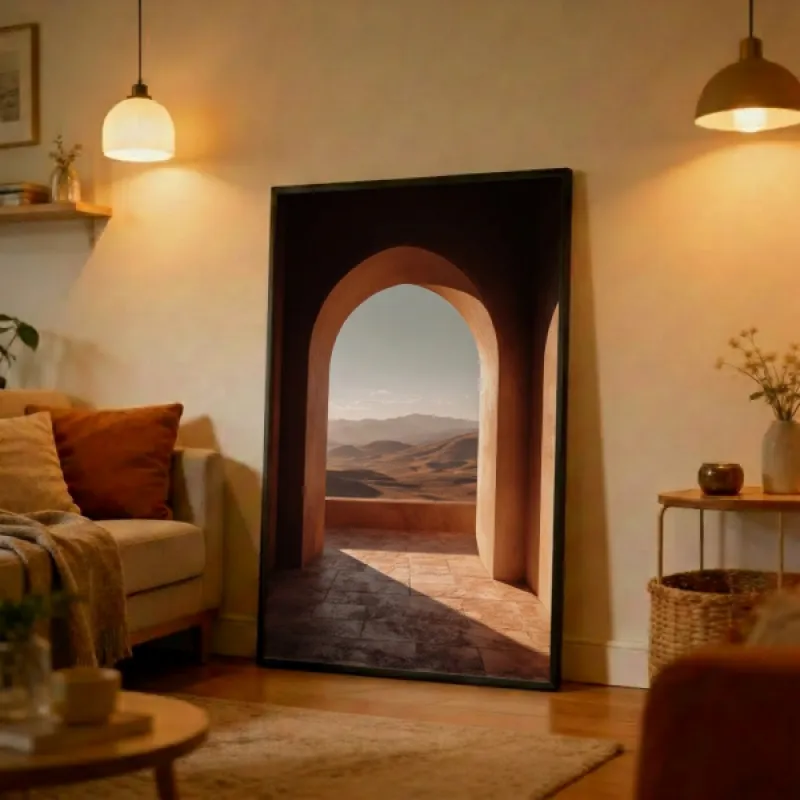 Warm sunlit Moroccan terracotta archway looking out to rolling desert sand dunes and distant mountains under a soft hazy sky with dramatic light and shadow on a stone tile floor