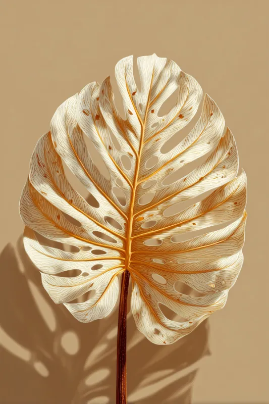 close-up of white monstera leaf with golden veins and leaf shadow on warm beige background