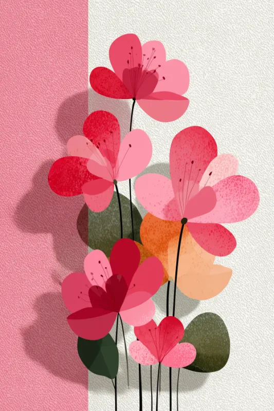 flat illustration of abstract pink red and coral flowers with dark green leaves on split pink white background