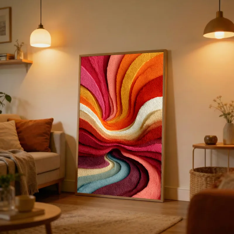 gedurfd abstract met wervelende banden van roze rood oranje geel creme en groenblauw met getextureerd oppervlak