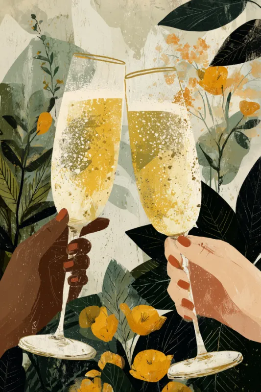 risograph illustration of two hands clinking champagne flutes surrounded by tropical leaves and yellow flowers