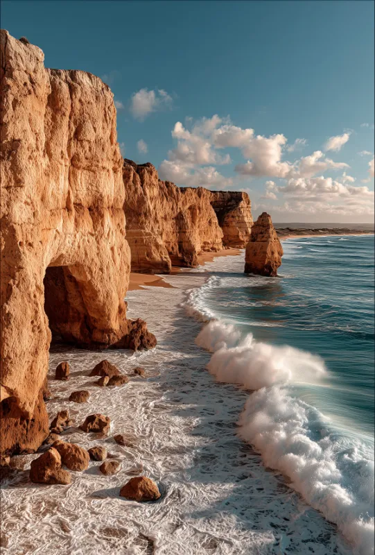 gouden kalksteenkliffen van de Algarve kust met brekende golven en blauwe hemel
