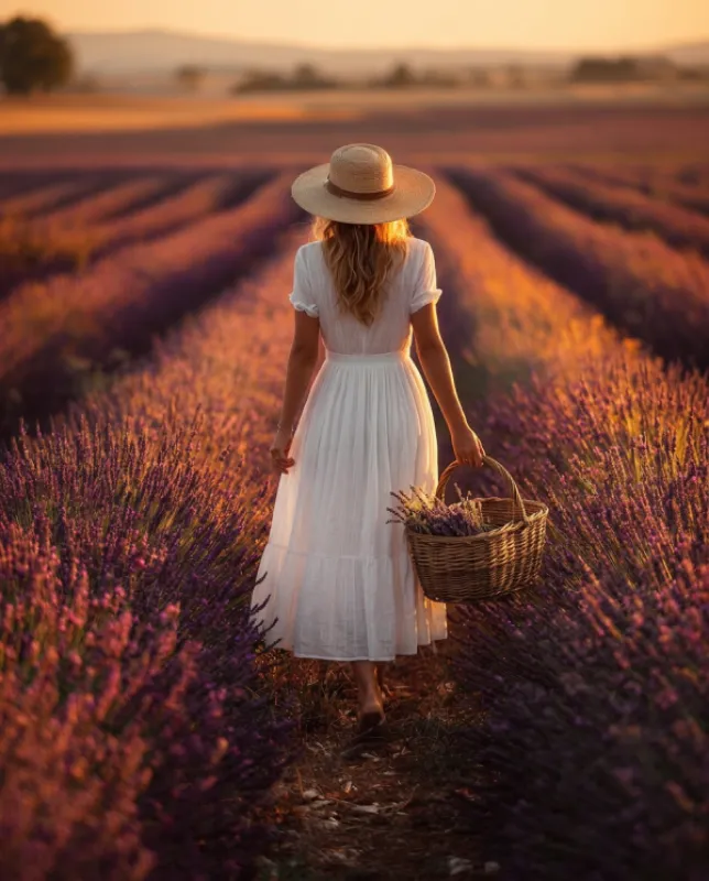Faceless woman seen from behind walking through rows of blooming purple lavender fields at golden hour wearing a white linen dress and straw hat carrying a wicker basket with lavender