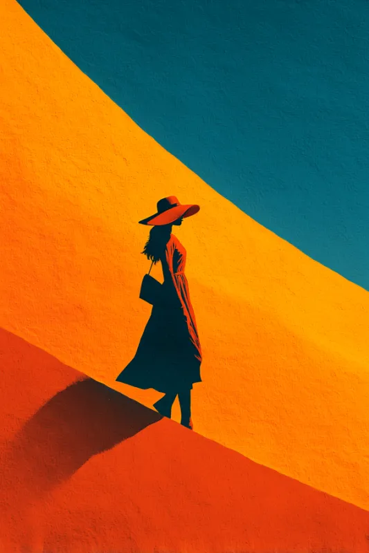 minimalist silhouette of woman in wide brim hat and flowing dress on diagonal orange yellow teal background