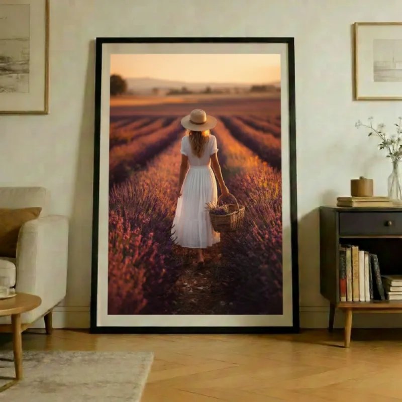 Faceless vrouw op de rug gezien wandelend door rijen bloeiende paarse lavendelvelden bij gouden uur in een witte linnen jurk en strohoed met een rieten mand met lavendel
