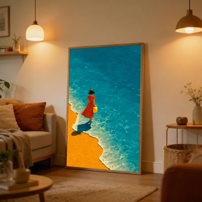 Woman in Red Dress at the Shore Wall Art Print — Summer Beach Painting