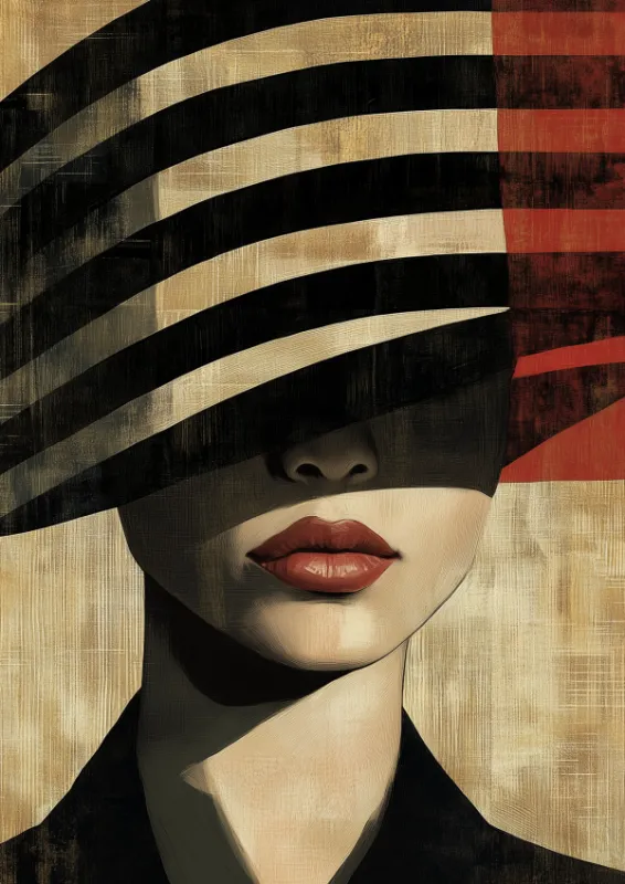 dramatic digital painting of woman with oversized black cream striped hat and red lips on gold textured background