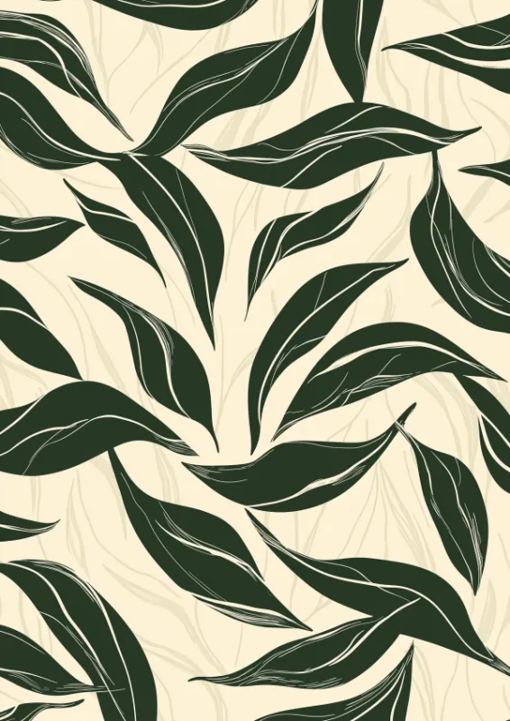 Dark green botanical leaf pattern illustration on cream background