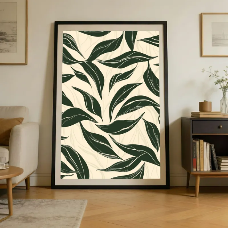 Dark Green Botanical Leaf Pattern Wall Art Print — Botanical Illustration Poster