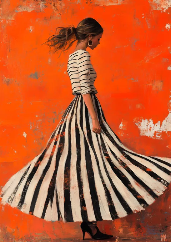 Woman twirling in black and white striped skirt oil painting on orange background