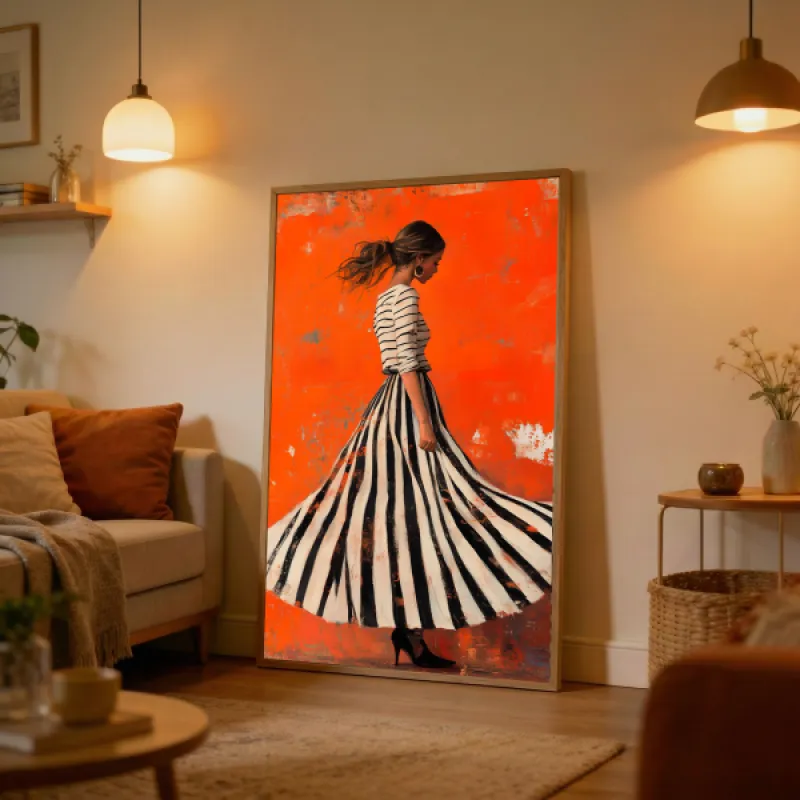Twirling Woman in Striped Skirt Wall Art Print — Oil Painting Fashion Poster
