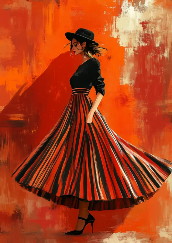 Fashion illustration woman in black top striped skirt and hat on orange background