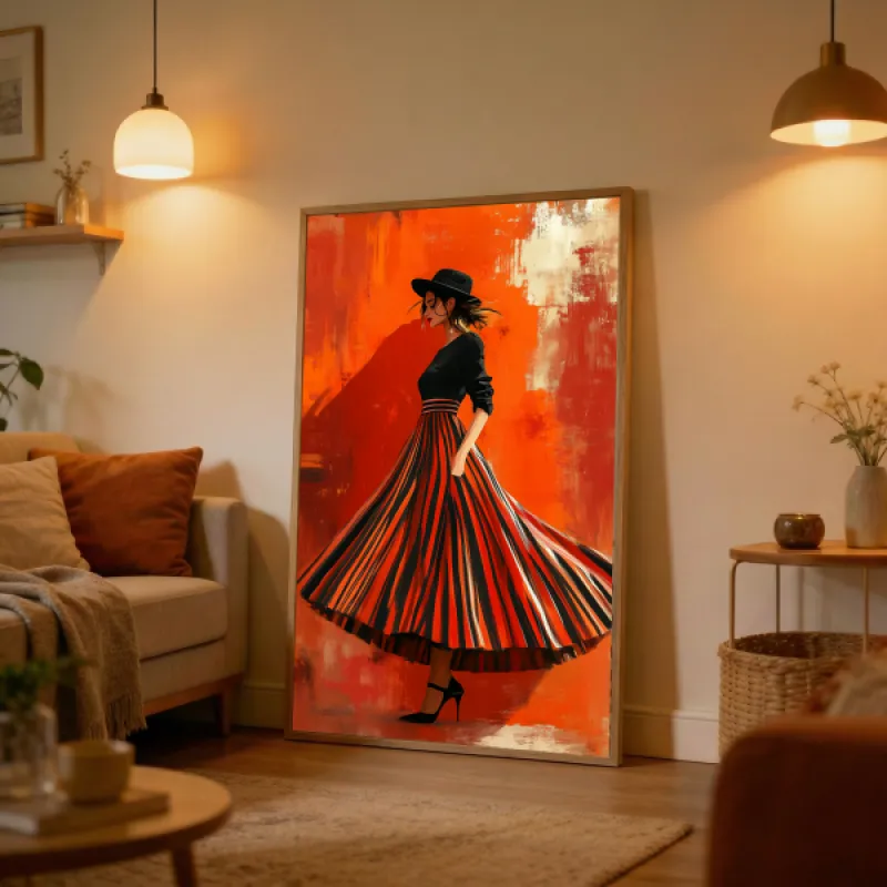 Fashion Illustration Woman in Striped Skirt and Hat — Bold Orange Background Poster