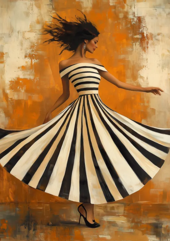 Woman dancing in striped strapless dress oil painting on golden background