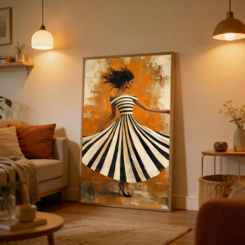Dancing Woman in Striped Dress Wall Art Print — Oil Painting Golden Background Poster