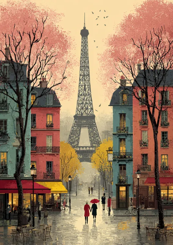 Vintage retro travel illustration of a Parisian street scene with a couple walking under a red umbrella toward the Eiffel Tower, colourful pink and teal buildings, cherry blossom trees, glowing cafés, and birds flying in a soft misty sky