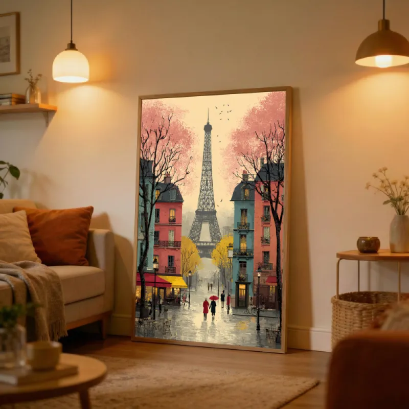 Vintage Paris Street Scene Wall Art Print — Retro Eiffel Tower Travel Illustration Poster
