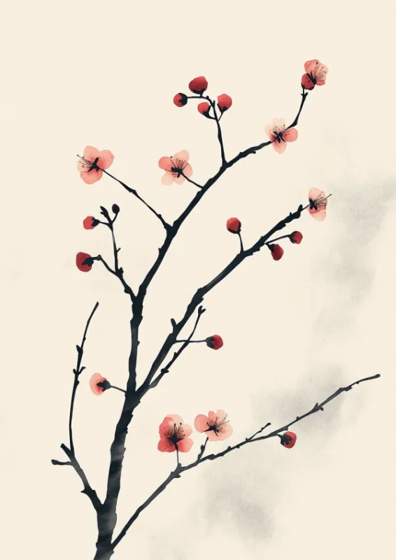 Japanese ink style illustration of cherry blossom branches with delicate red and pink blossoms on a soft cream background