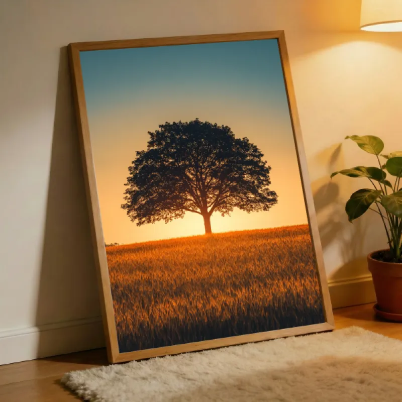 Eenzame Eik bij Zonsondergang — Gouden Uur Landschapprint