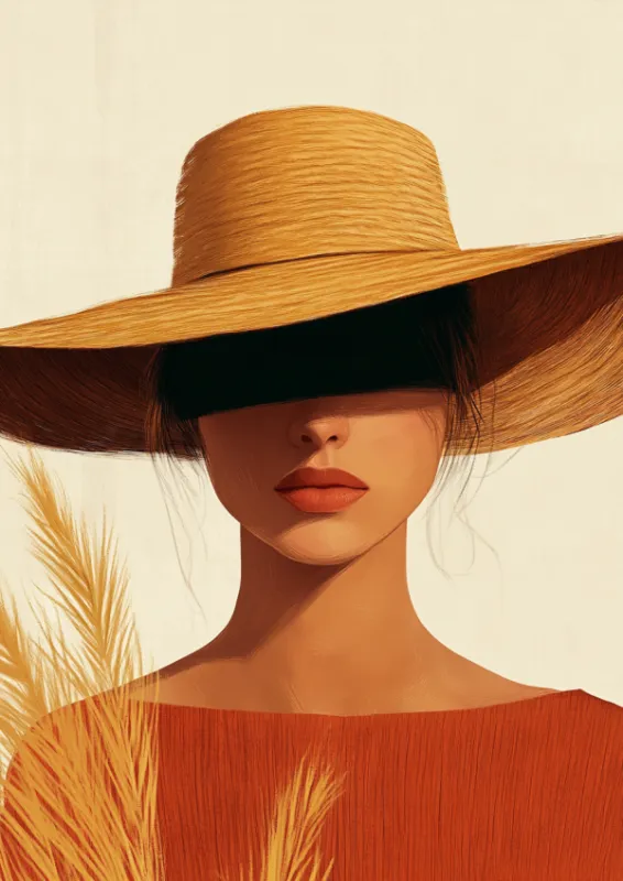 Minimalist illustration of a woman with a wide-brimmed straw hat casting shadow over her eyes with golden pampas grass