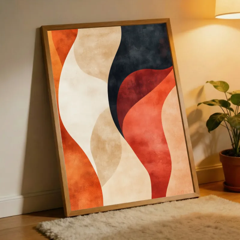 Abstracte print van vloeiende gebogen vormen in terracotta, oranje, marine en crème tinten met een getextureerd oppervlak