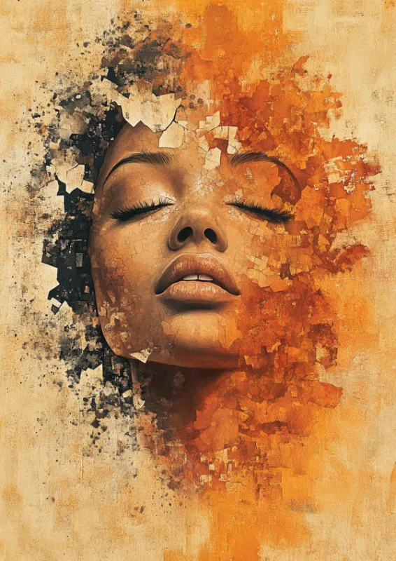 Abstract oil painting portrait of a woman's face fragmenting into orange and black textures against a warm ochre background