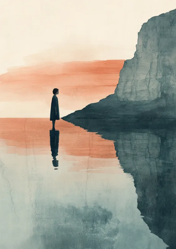 Minimalist watercolor painting of a lone figure standing on still water with teal cliffs and a salmon pink sunset sky