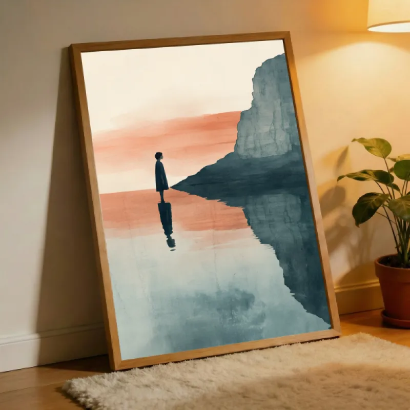Minimalist watercolor painting of a lone figure standing on still water with teal cliffs and a salmon pink sunset sky