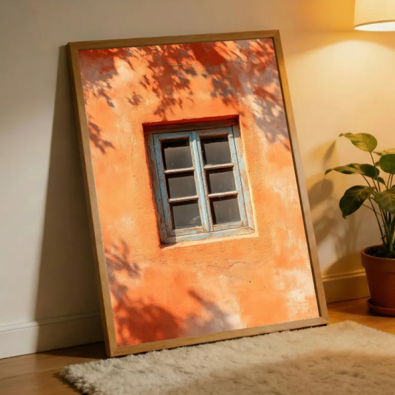 Oranje Muur Blauw Raam — Mediterraanse Architectuur Print