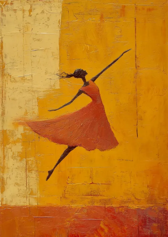 Abstract minimalistisch schildering van een dansende vrouwensilhouet in terracotta op een warme goudgele achtergrond