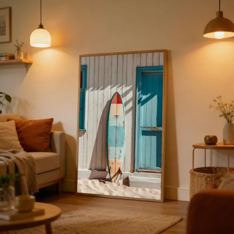 Vintage Surfboard Beach Shack Wall Art Print — Coastal Surf Photography Poster