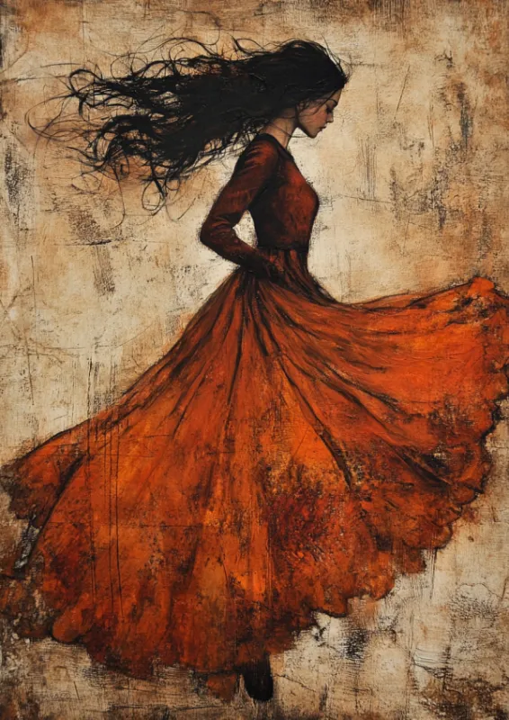 Expressive painting of a flamenco dancer in a flowing orange-red dress with dark hair flying against a textured background