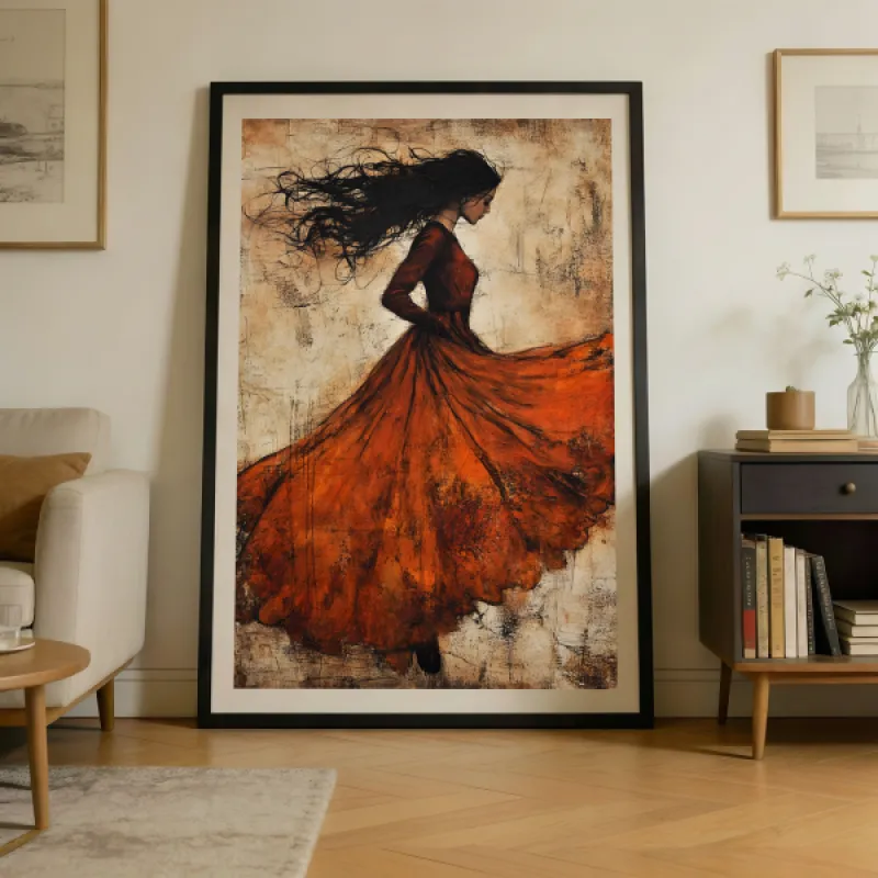Flamenco Fire — Dancing Woman in Orange Dress Wall Art Print