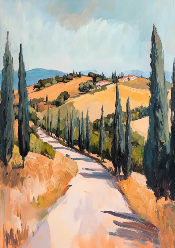 Olieverfschildering van een kronkelende Toscaanse weg omzoomd met hoge cipressen en gouden heuvels naar een heuveltopvilla
