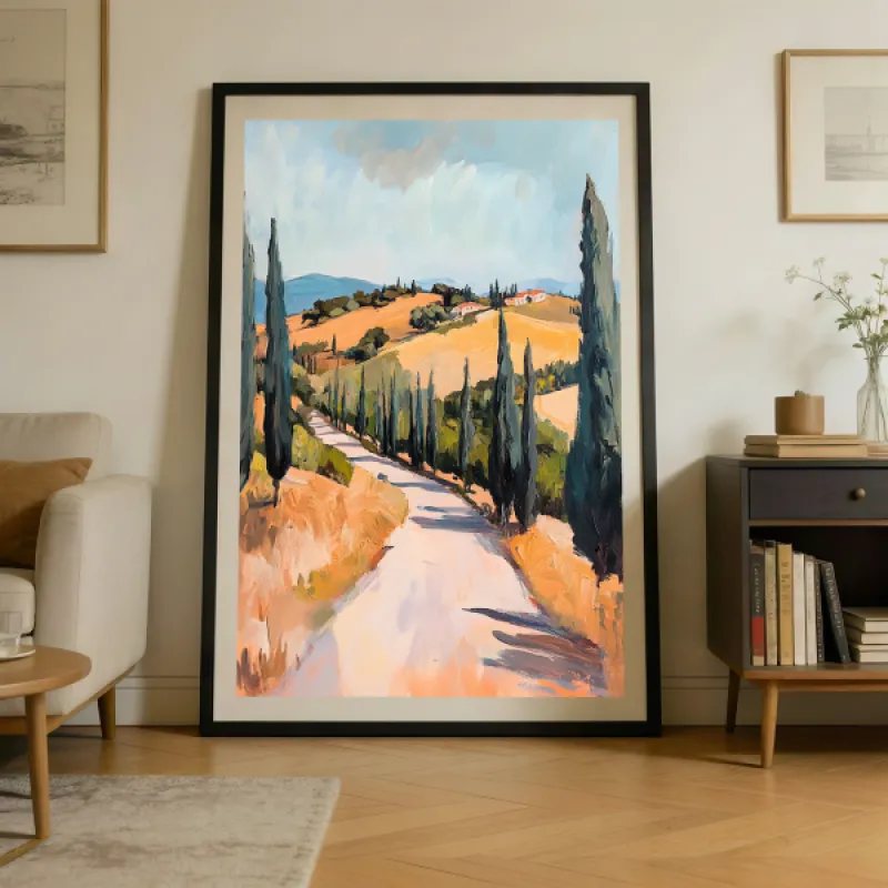 Oil painting of a winding Tuscan road lined with tall cypress trees and golden hills leading to a hilltop villa
