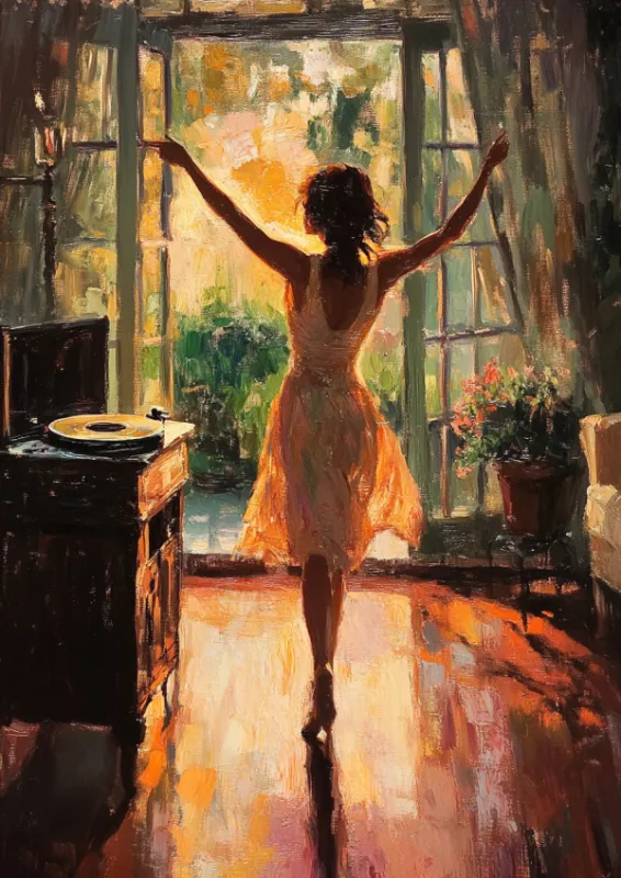 Oil painting of a woman in a white dress dancing with arms outstretched toward open garden doors in a sunlit room