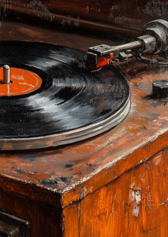 Olieverfschildering van een zwarte vinylplaat draaiend op een houten vintage platenspeler met een oranje label