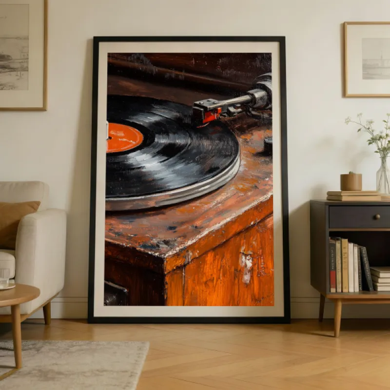Vintage Vinyl Platenspeler — Retro Olieverfschildering Wandprint