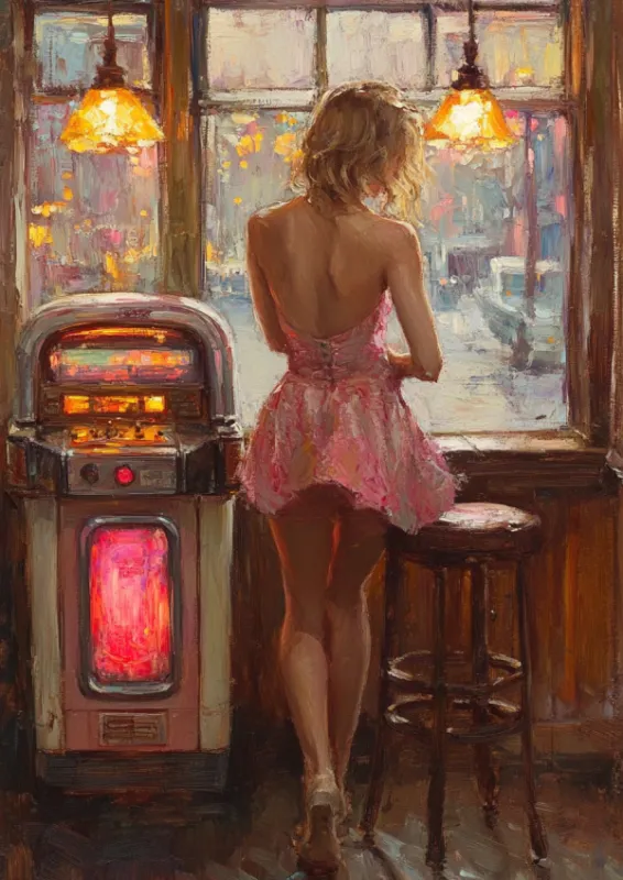 Olieverfschildering van een vrouw in een roze jurk naast een verlichte jukebox in een retro diner